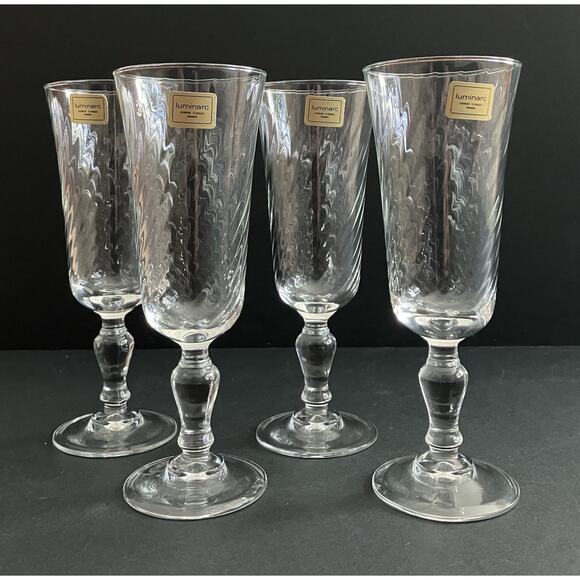 luminarc Verrerie D’Arques France Clear Fluted Champagne Glasses 6 3/8” Set of 4 - Picture 1 of 8